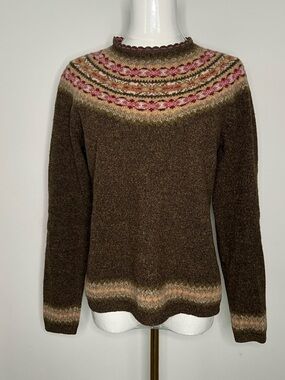 Talbots Vintage 100% Lambswool Olive Brown Nordic Fair Isle/Lopapeysa Sweater S